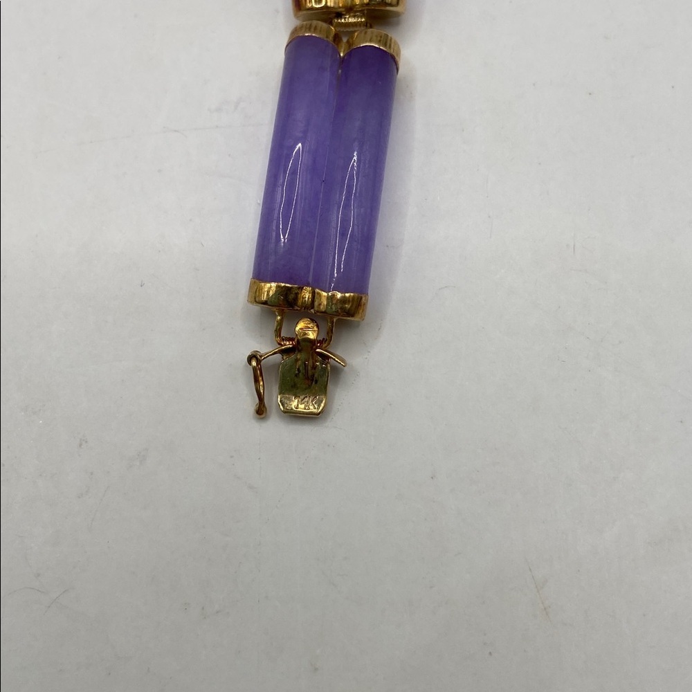 Vintage 14K Yellow Gold Double Row Good Fortune Lavender Jade Bracelet 8 1/4”L - Picture 7 of 8